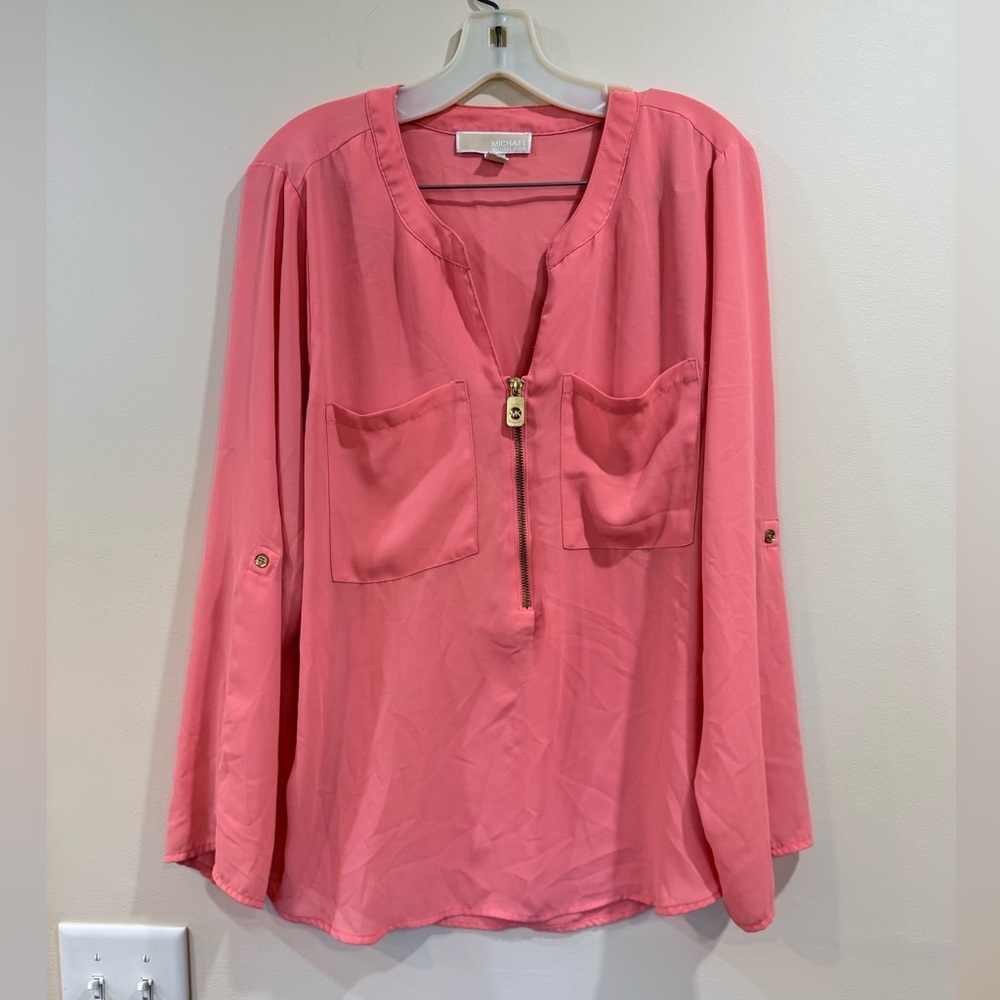 🔥Michael Kors Pink Zip-Front Long Sleeve Blouse Women’s Size XL EUC🔥